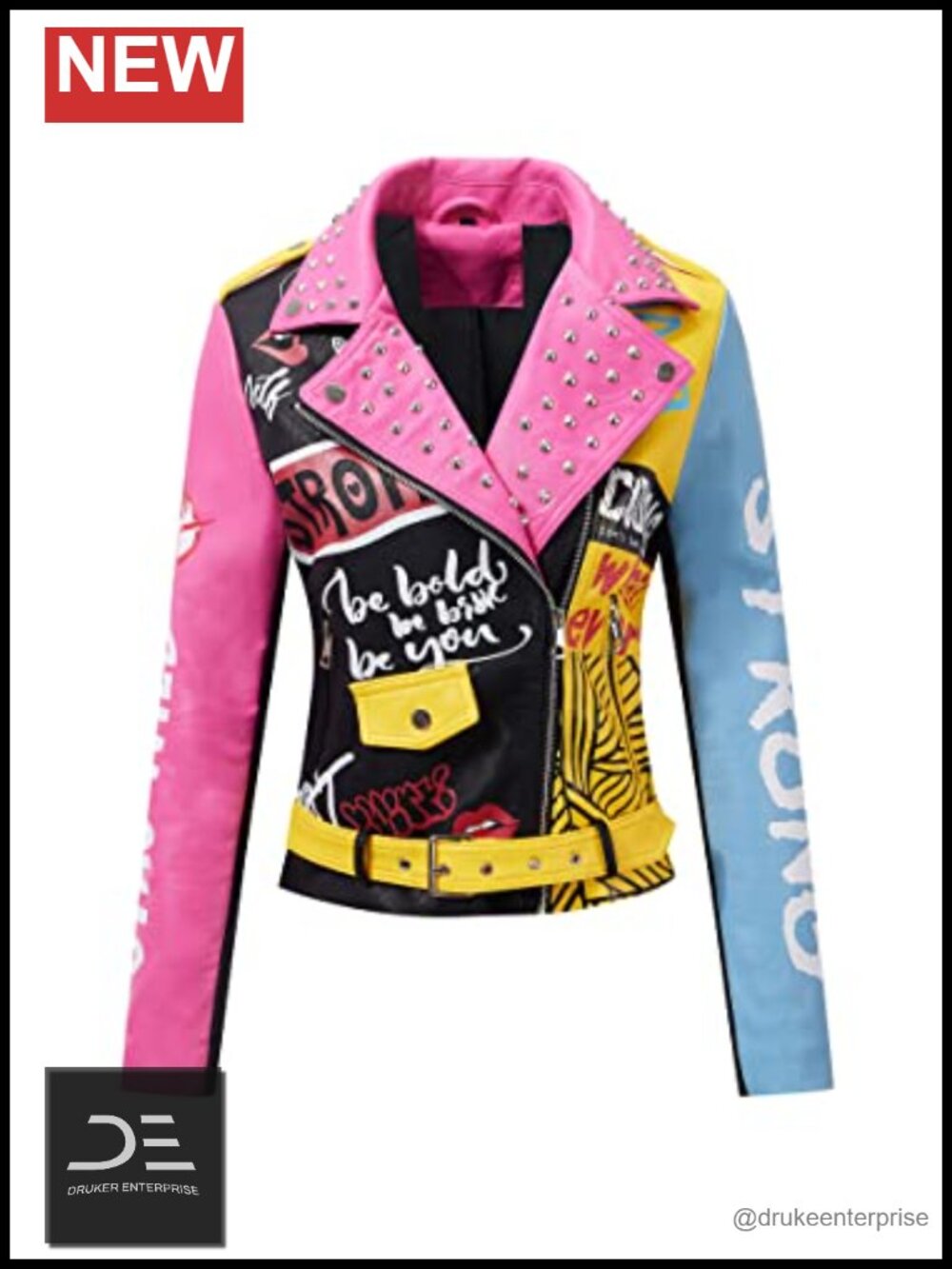 RISISSIDA Women Faux Leather Studded Moto Jacket Belted Short Streetwear Faux
